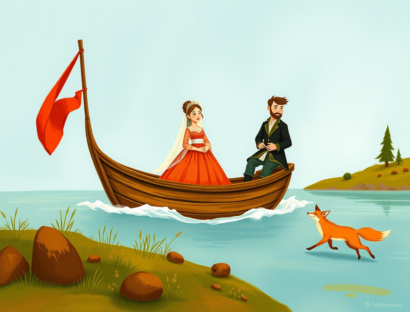 Бухтан Бухтанович плывёт с женой в деревянной лодке, а лиса бежит по берегу.